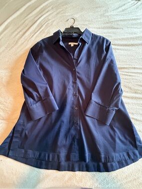 Chico’s Stretch Tunic Button Front Shirt- Navy, Chico’s Size 3
